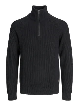 JACK&JONES - JJPANNEL KNIT HALF ZIP AW25 Black - Gr. - XL