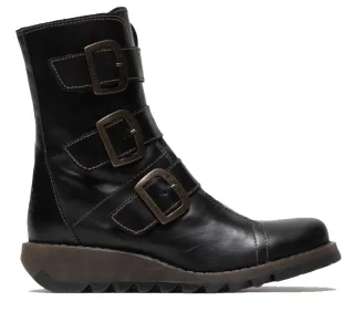 Fly London Damen SCOP110 Chelsea-Bikerstiefel aus Leder mit Knöchelriemen und Reißverschluss, Schwarz