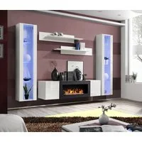 ASM-Moebel Wohnwand Wohnwand FLY M2 Hochglanz Push-Click mit Bio-Ethanol Kamin und Led, Bio-Ethanol Kamin, Led Beleuchtung, Push-Click und Hochglanzfronten