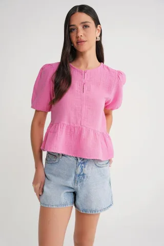 Strukturierte Musselin Rundhalsbluse mit Knopfverschluss