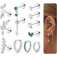 LuxusKollektion Piercing-Set Ohrringe Helix Tragus Conch Chirurgenstahl 12Pcs CZ Silber grüncz