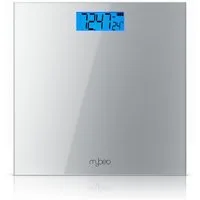 MyBeo Personenwaage digitale Waage für Personen, große Trittfläche aus 6mm Sicherheitsglas, 1-tlg., Badezimmer Digitalwaage, schmales Design, max. Belastung über 150 kg