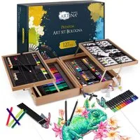 Artina Malpalette 127tlg Malset Bologna XXL Künstler Set mit Holz, 127tlg., Malkoffer – Acrylfarben, Aquarellfarben, Buntstifte, Pastellstifte