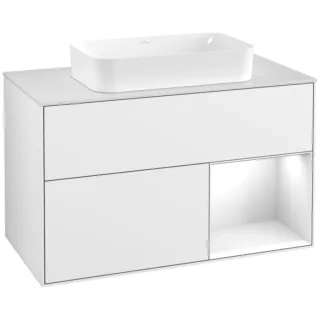 Villeroy und Boch Finion Waschtischunterschrank G251GFGF 100cm, Abdeckplatte white matt, Emotion, Regal rechts Glossy white lacquer, Glossy white lacquer