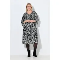 Ulla Popken Jerseykleid Midikleid Blüten A-Linie V-Ausschnitt 3/4-Arm