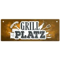 speecheese Metallschild Grillplatz Metallschild in orange Fleisch Wurst grillen Grill Bier