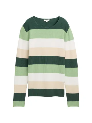 Tom Tailor - Strickpullover mit Rundhalsausschnitt green beige block stripe - Gr. - XXXL