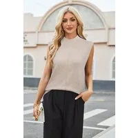 Arach&Cloz Pullunder Damen Pullover Wollmischung Rundhalspullover Strickpullover Business Casual Weste Wollpullover Kurzarmpullover mit Stehkragen