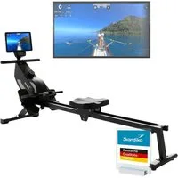Skandika Rudergerät für Zuhause Venn P5-M, Magnetwiderstand, lange Laufschiene, 16 Stufen (Max. Körpergröße 210 cm, Aufstellfunktion für aufrechte Lagerung), Bluetooth, Kinomap App kompatibel, bis 135 kg, Transportrollen