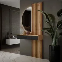 Planetmöbel Konsolentisch AMYRA Flur Garderobe Spiegel mit Beleuchtung & Akustikpaneele (LED Spiegel NIVORA 50 x 100 cm, Touch-Funktion, Dimmbar, Konsolentisch in Schwarz Geriffelt 100 cm mit LED Spiegel NIVORA), und Akustikpaneele 2 x 120cm