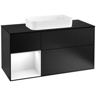 Villeroy und Boch Finion Waschtischunterschrank F292GFPD 120cm, Abdeckplatte black matt, Regal links Glossy white lacquer, Black matt lacquer