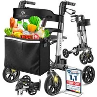KESSER Rollator Aluminium – faltbar, höhenverstellbar & bis 136 kg belastbar, wetterbeständig, Tasche, Stockhalter, Reflektoren, 360° Gelände Reifen