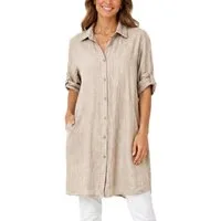 dy_mode Longbluse Damen Leinen Longbluse Sommer Hemdbluse Blusenkleid Luftige Tunika in Unifarbe, mit Knopfleiste