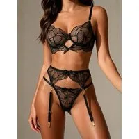 Elegant Love Set: Bügel-BH Dessous-Set mit Stickerei und Strapshaltern – Lingerie (Set, 3-tlg., Strumpfgürtel, BH, Tanga) Damen Unterwäsche Set – stilvolle Reizwäsche aus Spitze