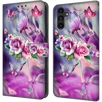 CLM-Tech Handytasche Hülle für Samsung Galaxy A14 5G Tasche aus Kunstleder Klapphülle (lila Blumen Schmetterlinge, Samsung Galaxy A14 5G Handyhülle Wallet Flip Case Cover Etui), Standfunktion, Kartenfächer, Magnetverschluss
