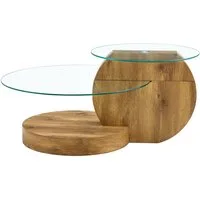 gopop Couchtisch 2er Set, Rundes Glas-Beistelltisch Wohnzimmertisch mit Stauraum, 6 mm Hartglasplatten, MDF-Basis, 90x70 cm