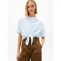 Tommy Jeans Kurzarmbluse TJW TIE FRONT LINEN SHIRT mit Knoten-Detail am Saum, Relaxed Fit