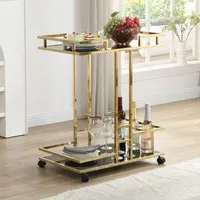 FINEBUY Servierwagen Barwagen Gold Glas Metall 67,5 cm Rollwagen FB111717, (67,5x83,5x43 cm Küchenwagen Glas Metall Rechteckig), Speisewagen mit Glasplatte, Teewagen auf Rollen