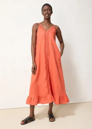 bonprix Maxikleid aus reinem Leinen, rot, Gr.38, sommerliches Leinen Maxikleid mit verstellbaren Spaghetti-Trägern und schmückender Rüsche, aus Leinen