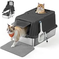 FEANDREA Katzentoilette Edelstahl, XL, mit Deckel, 2 Eingängen, für Katzen bis 15 kg