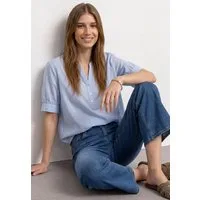 STREET ONE Kurzarmbluse Chambray Bluse mit Splitneck und Elastiksaum