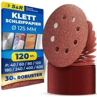 S&R Schleifpapier Klett 125 mm, Meister, 8 Löcher, 120 St Schleifblätter, (Set, 120 St., 120 St. je 15 x P40, P60, P80, P120, P180, P240, P400, P600), Schleifscheiben für Exzenterschleifer, zuverlässige Haftung