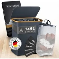 Falkenwerk Wäschekorb 3 Fächer Wäschesammler mit Deckel, wasserabweisend & faltbar, 145L XXL Wäschebox mit herausnehmbaren Wäschesäcken