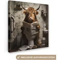 OneMillionCanvasses® Leinwandbild Scotch highlander - Toilette - Zeitung - Badezimmer, Fotodruck (1 St), Wandbild, Deko Schlafzimmer Wohnzimmer Flur 20x20 cm