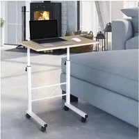 HOMCOM Beistelltisch höhenverstellbarer Couchtisch mit Rädern Feststellbremsen (C-Tische, 1-St., mobiler Endschreibtisch), Spanplatte Stahl Eisen Kunststoff, Weiße Ahornfarbe 60 x 40 x 68-78