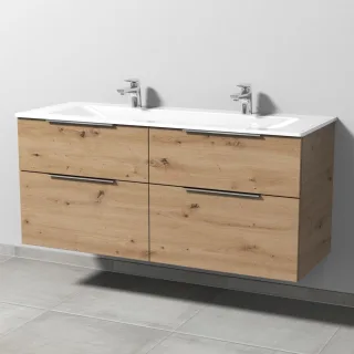 Sanipa 3way Glas-Set Glas-Doppelwaschtisch und Unterbau mit 4 Auszügen, Eiche Natural-Touch UM20885