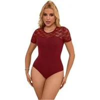 Lau-Fashion Body Unterwäsche mit Transparent Spitze Stoff Rot Rundhals Langarm S/M