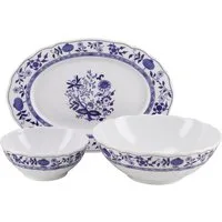 CreaTable Servier-Set Flora Zwiebelmuster, Porzellan, (3-tlg., 1 Salatschüssel, 1 Soßenschale, 1 Servierplatte)