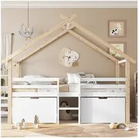 Flieks Kinderbett, Hausbett Halbhohes Bett 90x200cm mit Dach, Leiter und 2 Schubladen