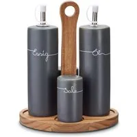 KHG Vorratsdose Menage Set 5-teilig aus Holz & Steinzeug für Essig Öl Salz Pfeffer, Steingut, Gewürz- und Öl/Essig-Set zur stilvollen Tisch- und Küchenpräsentation