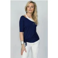 Passioni T-Shirt in Navy-Weiß, mit asymmetrischem Schnitt und seitlicher Raffung