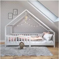 IDIMEX Hausbett CORA, Kinderbett 90x200 cm mit Rausfallschutz Montessori Bodenbett Weiß