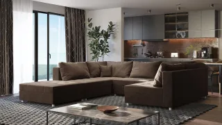 Wohnlandschaft Sofa ANDRO Schlaffunktion und Hocker Stoff Fresh Braun