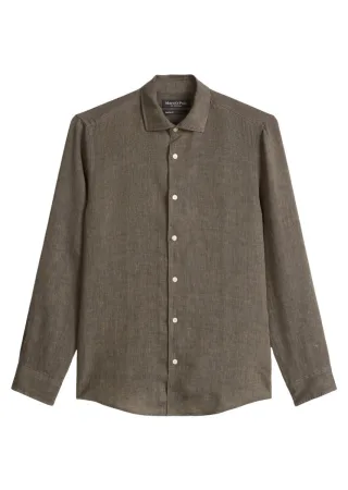 Marc OPolo Casual - Haifischkragen-Hemd aus Leinen-Chambray braun - Gr. - XXL