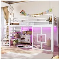Merax Hochbett mit LED-Beleuchtung (1-St., Jugendbett Einzelbett Hausbett) Metallbett Kinderbett 90x200cm mit Treppe, Stauraum & Fenster