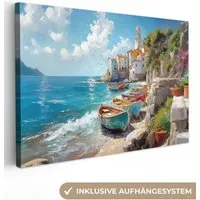 OneMillionCanvasses® Leinwandbild Boote - Felsen - Meer - Sonne, Fotodruck (1 St), Leinwand Bilder Klein, Wand Dekoration Aesthetic 30x20 cm