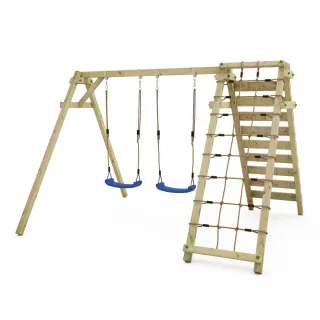 Holzschaukel Smart Cliff - Stabile Doppelschaukel mit Klettergerüst Netz Leiter - Outdoor Spielplatz Garten Spielgerät für Kinder - Wickey