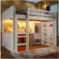 Flieks Hochbett Kinderbett 140x200cm mit LED-Lichtleiste Kleiderschrank Schreibtisch