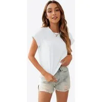 Imily Bela T-Shirt Damen Casual Cropped T-Shirt mit Kurzärmeln (Packung, 1-tlg., 1per-Pack) in Unifarbe mit Rundhalsausschnitt