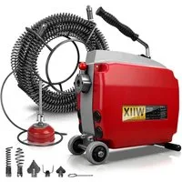 XERSEK Rohrreinigungsmaschine 1250W Rohrreinigungsspirale mit Rollen Abflussreiniger Rohrreiniger, 550 U/min, (Stark Rohrreinigungsgerät - Manganstahl Spirale, 5 Typen Schneidköpfe), Ergonomisches Design - Rohrreinigung/-entstopfung von Rohren Ø20–20