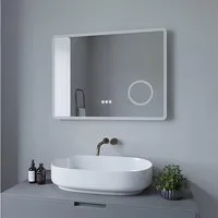 AQUABATOS Badspiegel Bad Spiegel Led 80x60cm Touch warmweiß Badspiegel mit Kosmetikspiegel (Typ D mit Beleuchtung und vergrößerung Wandspiegel silber Badezimmerspiegel Led mit Licht ohne Rahmen Lichtspiegel Wandschalter Kaltweiß 6400K, Warmweiß 3000K