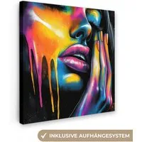 OneMillionCanvasses® Leinwandbild Frau - Gesicht - Farbe - Künstlerisch, Fotodruck (1 St), Wandbild, Deko Schlafzimmer Wohnzimmer Flur 20x20 cm