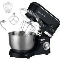 KLAMER Küchenmaschine 1400W, Knetmaschine mit 5,5 Liter Edelstahl Schüssel, 6 Geschwindigkeitsstufen mit Timer, Rührbesen, Knethaken, Schneebesen und Spritzschutz, schwarz, 1400 W, 5,5 l Schüssel, Spritzschutz, 3 Aufsätze, Saugfüße, digitales Display