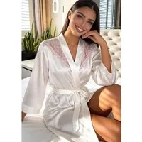Donna Morgenmantel Eleganter Satin Kimono, Satin-Stretch, Schalkragen, Bindegürtel, mit floraler Spitze