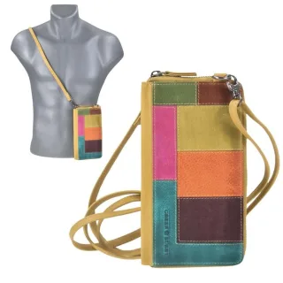 Handy-Tasche zum Umhängen mit Geldbörse aus Leder in gelb bunt | Greenburry. Perfekte Kombination aus Mobilität und Struktur für Ihren Alltag.