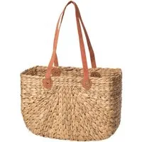 Neustanlo Einkaufskorb Einkaufskorb aus Wasserhyazinthe 39x14x26 cm mit Echtlederhenkel, Langer Henkel, kompakte Größe, ideal für Einkäufe